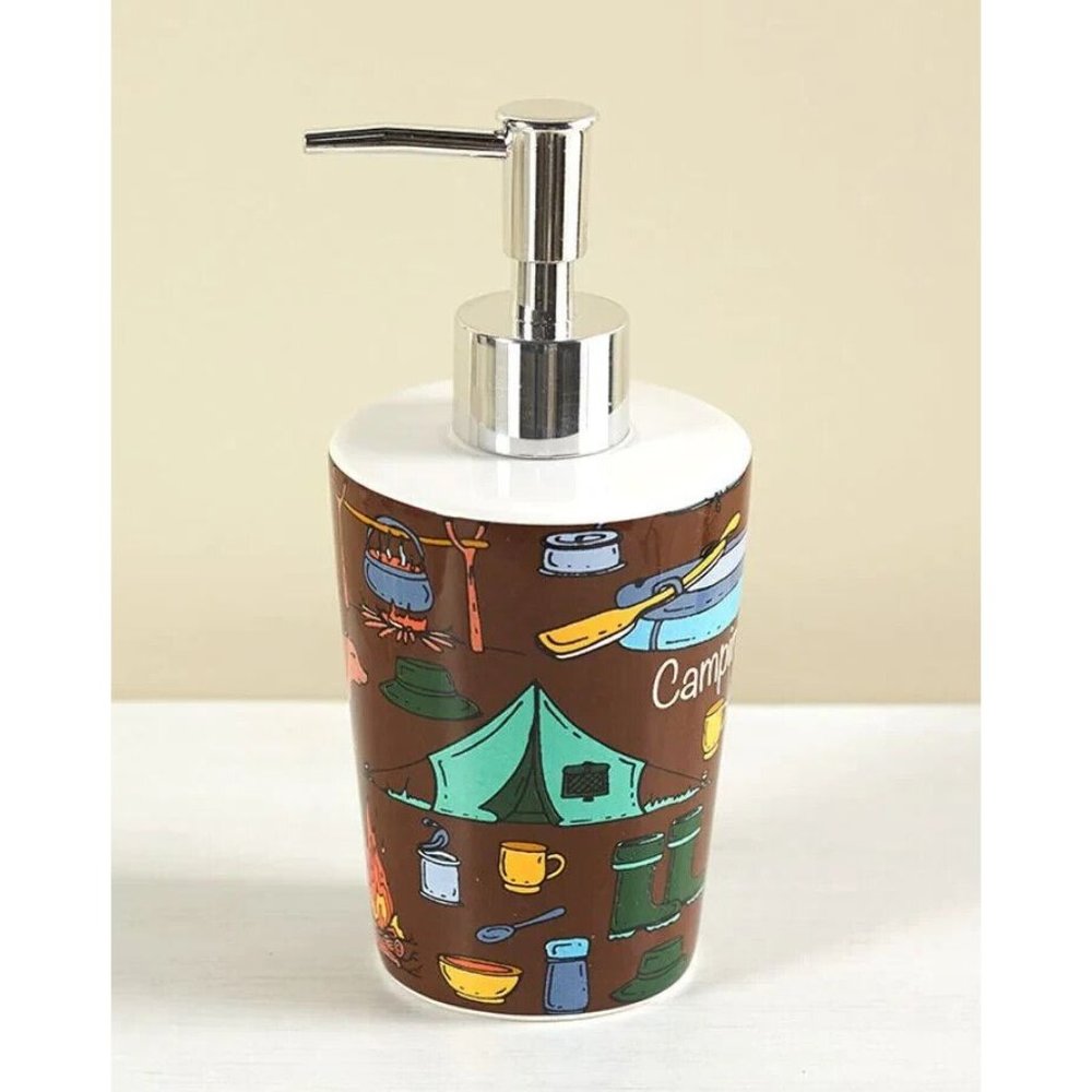 Campsite Soap Dispenser Tents Canoe Fishing Bears Camp Fire on Brown Retro Style